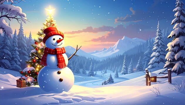 A cartoon snowman stands proudly beside a decorated Christmas tree in a snowy winter landscape. The sun sets