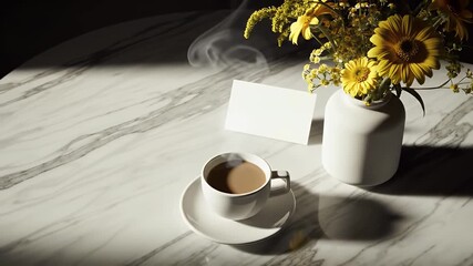 Aromatic Coffee Cup with Yellow Flowers and Blank Card on Marble Table in Soft Sunlight