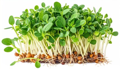 Heap of alfalfa sprouts on white background. Panorama micro leaf vegetable of green alfalfa seeds sprouts. Website template.