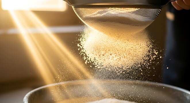 Sifting flour preparation cooking ingredient with bright sun rays