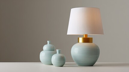 Elegant ceramic lamp and decorative vases in soft pastel colors on a minimalist table showcasing modern home interior design and stylish decor elements