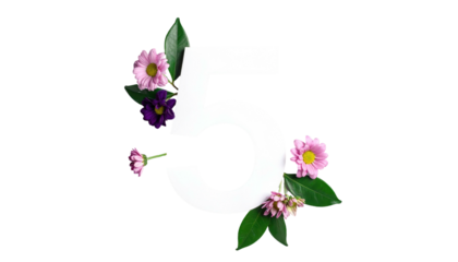 White numeral '5' intertwined with flowers and leaves, set against a stark black backdrop creating bold contrast