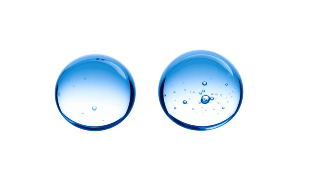 Two clear blue gel-like spheres with air bubbles, isolated against a black background, creating a clean, minimalist aesthetic - Powered by Adobe