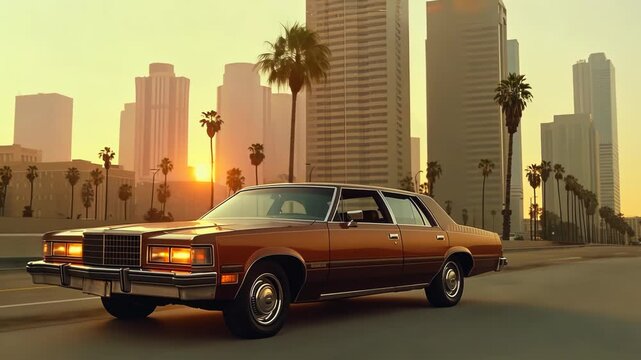 Expesive retro car in 70s style on the urban street with orange sky