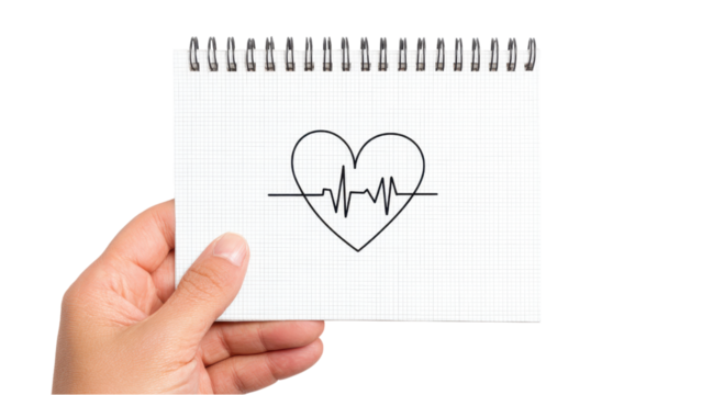Hand Holding Notepad with Heartbeat Drawing - Powered by Adobe