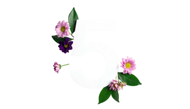 White numeral '5' intertwined with flowers and leaves, set against a stark black backdrop creating bold contrast