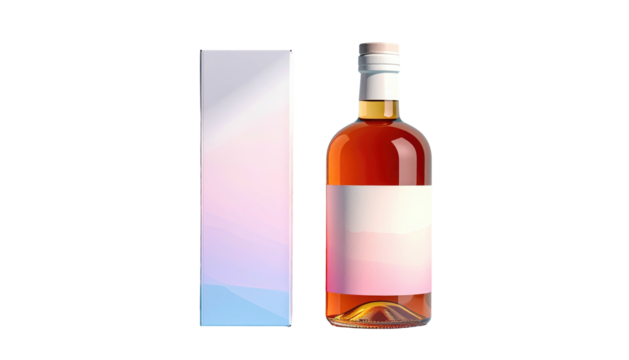 Glass bottle with amber liquid and box, set against a black background, creates a minimal yet elegant composition