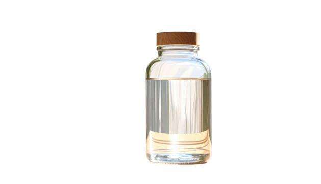 Clear glass bottle filled with clear liquid and a brown lid against a black background in a studio setting