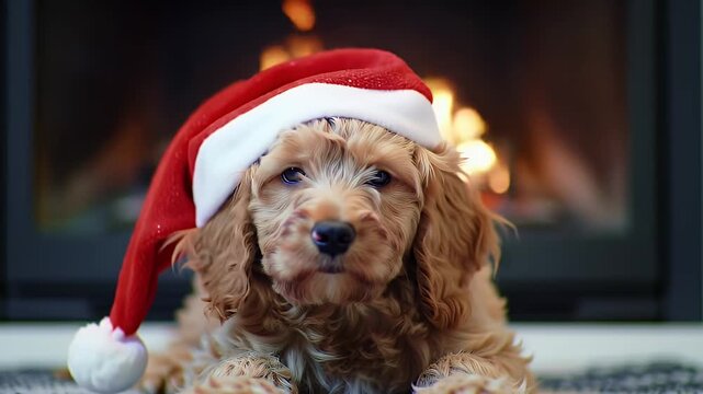 Adorable Curly Haired Puppy Wearing Santa Hat Near Cozy Fireplace With Warm Orange Glow During Christmas Season