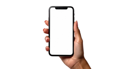 Hand holds a modern smartphone with a bright white screen against a stark black backdrop, angled for viewing