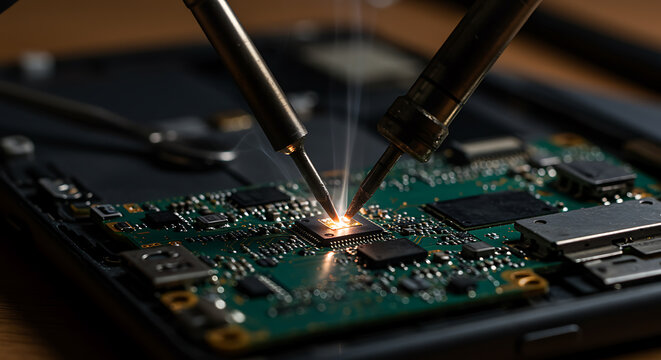 Soldering two points on a green circuit board with smoke