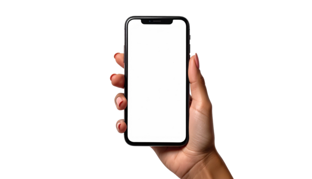 Hand holds a modern smartphone with a bright white screen against a stark black backdrop, angled for viewing