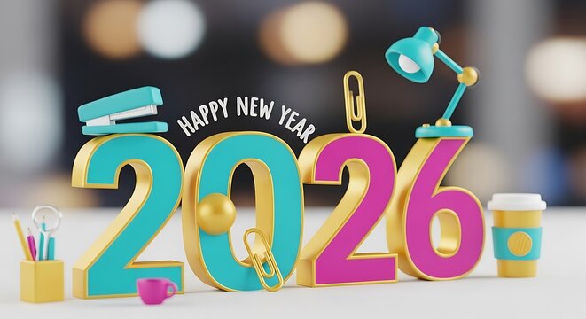 Happy New Year 2026 celebration in a fun office setting, envisioning a bright and successful year ahead with vibrant colors and whimsical details
