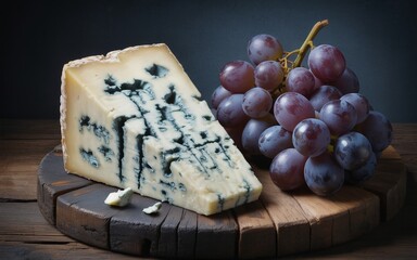 Wedge of blue cheese and red grapes on a rustic wooden board
