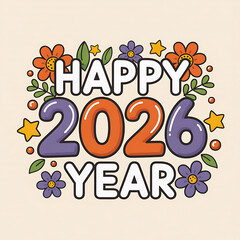 Happy New Year 2026 Colorful Cartoon Vector Typography Design with Flowers and Stars