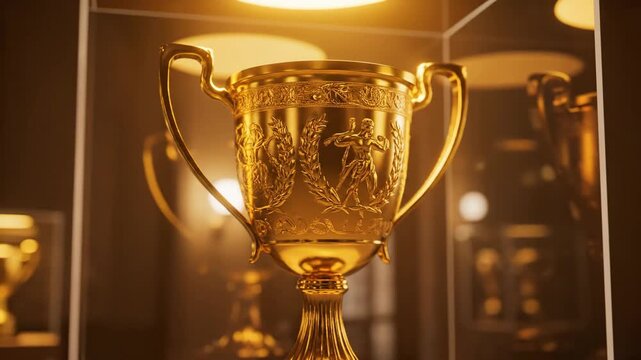 Golden trophy illuminated in display case dramatic lighting close up