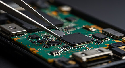 Tweezers holding small black chip over green circuit board