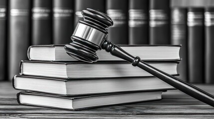 Judge's gavel on law books, legal authority, courtroom scene