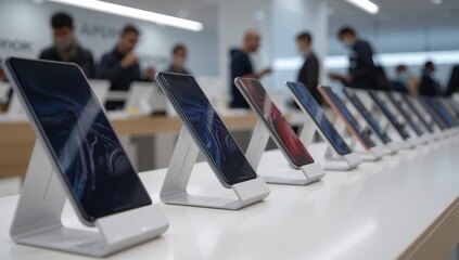 New mobile phones lined up for sale in retail shop