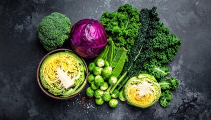 Winter vegetables high in antioxidants, minerals and vitamins: greens, broccoli, brussels sprouts, red cabbage and kale. Flat lay. Garden food concept