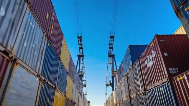 Focus on large, angled solar panels and colorful shipping containers juxtaposing clean energy with global commerce