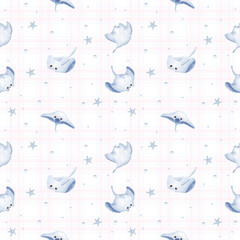 Nursery Watercolor Stingray Seamless Pattern. Baby Shower Ocean Sea Life Background. Cute Watercolor Manta Ray Seamless Pattern with Starfish and Bubbles – Under the Sea Background