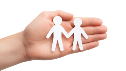 Hand Holding Paper Cutout Figures on White Background