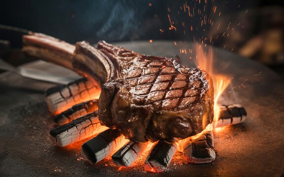 Juicy steak grilling over hot coals with flames and sparks