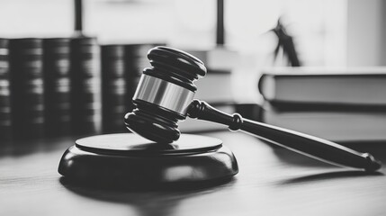 Gavel on judge's desk, law books blurred background, justice concept, legal