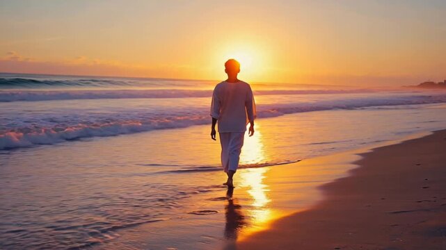 Silhouette of a person walking slowly along a sandy beach during a brilliant golden sunset or sunrise