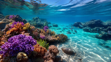 Under the blue ocean clear water with beautiful coral and white sand.