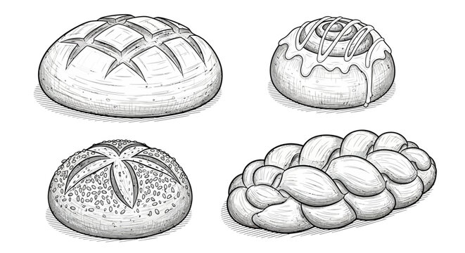 Detailed black and white sketch of various baked goods including bread loaves and a cinnamon roll.