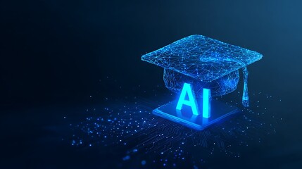 AI education or machine learning background. Abstract digital tech bg. AI chip and graduate hat in blue with light neon effects. Artificial Intelligence concept. Low poly wireframe vector illustration