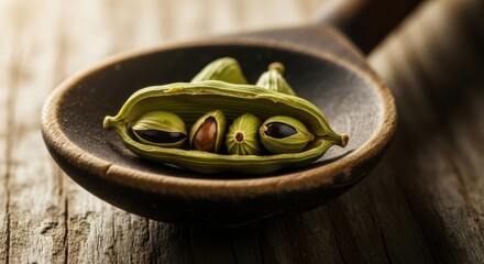 Aromatic Green Cardamom Pods with Seeds in a Wooden Spoon on a Rustic Table