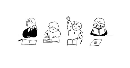 Children studying and learning in classroom, hand-drawn style illustration