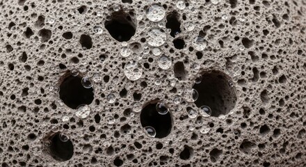 Intricate macro view of a dark porous material adorned with glistening water droplets