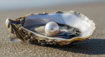 Luminous White Pearl Resting Delicately Within an Open Oyster Shell on Sandy Beach
