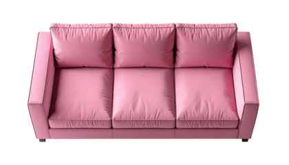 Pink couch, three cushions, top view, against black