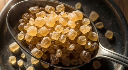 Golden rock sugar crystals in a spoon, perfect for beverages, baking, and cooking
