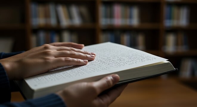 Hands gently touch braille book in library, fostering knowledge and understanding for visually impaired individuals, promoting accessibility and inclusivity.