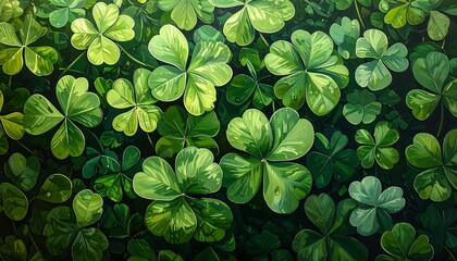A vibrant, detailed illustration of many green and white-speckled clovers