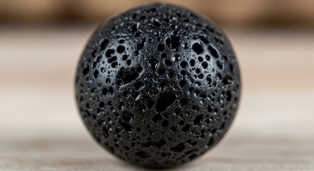 Close-up of a dark, porous lava rock bead showcasing its unique volcanic texture and spherical shape