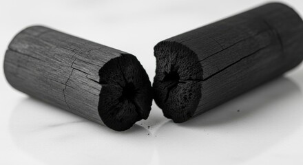 Close-up of broken black charcoal sticks revealing their porous texture