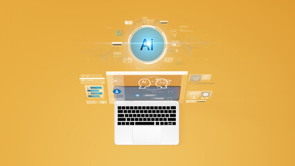 Artificial intelligence concept showing AI interface and chatbot system on laptop with glowing digital elements on yellow background. Machine learning, innovation, and technology concept.
