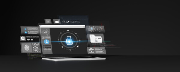 Cybersecurity and artificial intelligence concept showing secure data protection interface on laptop with glowing lock icon and digital elements. AI system, privacy, and technology concept.