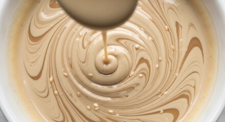Creamy mixture drizzled, forming mesmerizing swirling patterns in a bowl