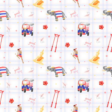 Watercolor Thailand Travel Seamless Pattern with Tuk Tuk, Elephant, Golden Buddha, and Muay Thai Boxer. Cute Thailand Vacation Seamless Pattern. Southeast Asia Travel Holiday Background