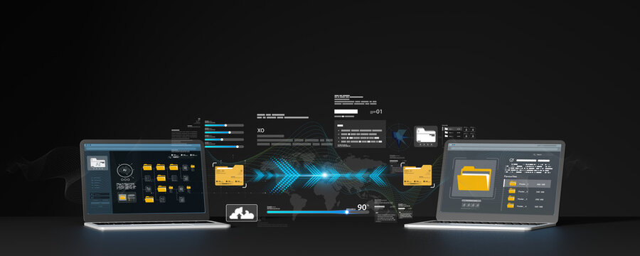 Data transfer concept between two laptops with glowing digital arrows and file icons on dark background. Cloud computing, file sharing, data exchange, and secure network concept.