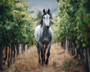 A majestic white horse trots through a lush green vineyard
