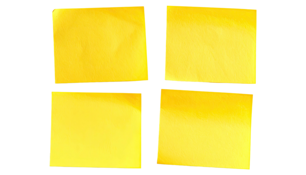 Four yellow square sticky notes on black background